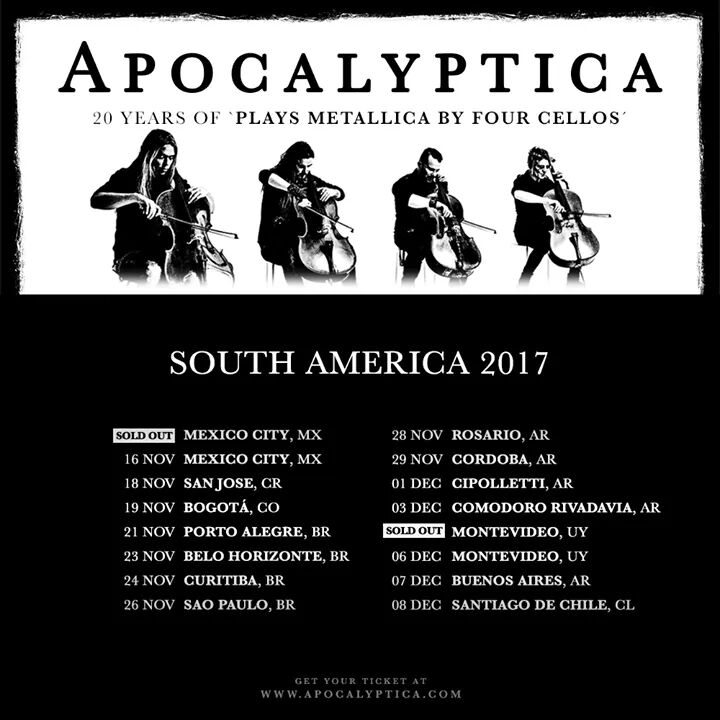 Apocalyptica celebra 20 anos de Plays Metallica by Four Cellos em show  especial, no próximo domingo, em São Paulo