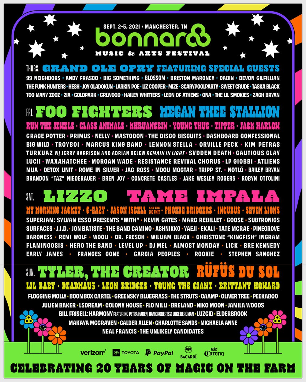 Lineup do Bonnaroo 2021, que aconteceria em setembro.