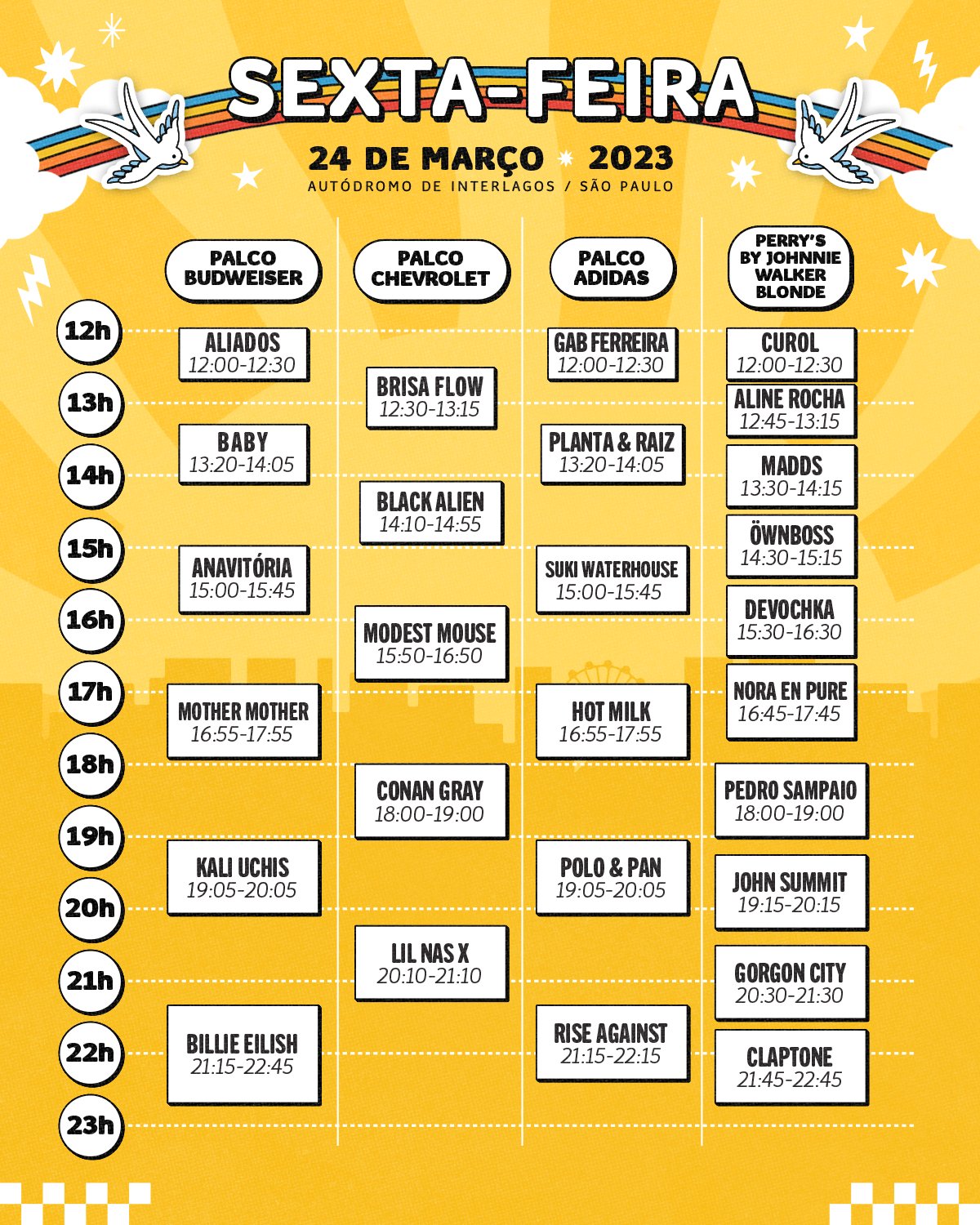 Horários da sexta feira, 24 de março, primeiro dia do Lollapalooza Brasil 2023. 