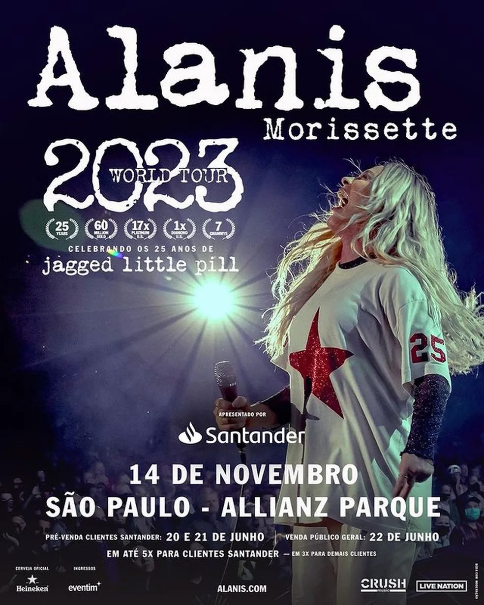 Alanis Morissette vem ao Brasil em setembro de 2023.