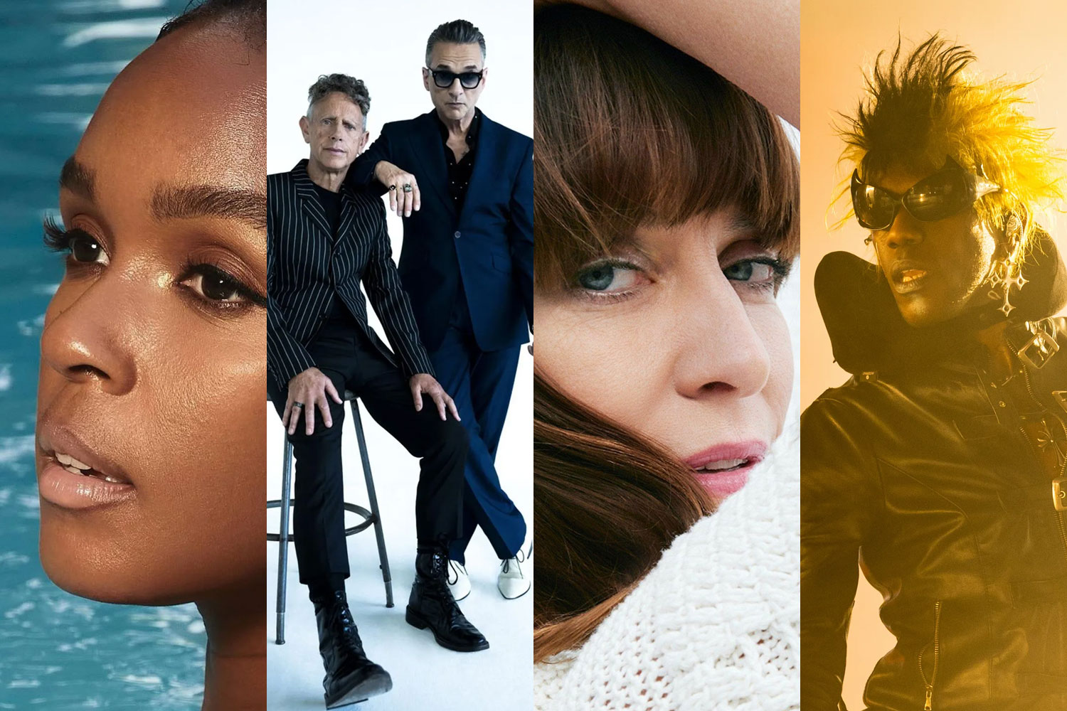 Montagem com fotos de Janelle Monáe, Depeche Mode, Feist e Yves Tumor.