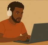 Imagem criada no ChatGPT de homem usando fone de ouvido enquanto mexe em seu notebook.