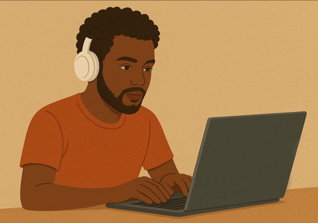 Imagem criada no ChatGPT de homem usando fone de ouvido enquanto mexe em seu notebook.