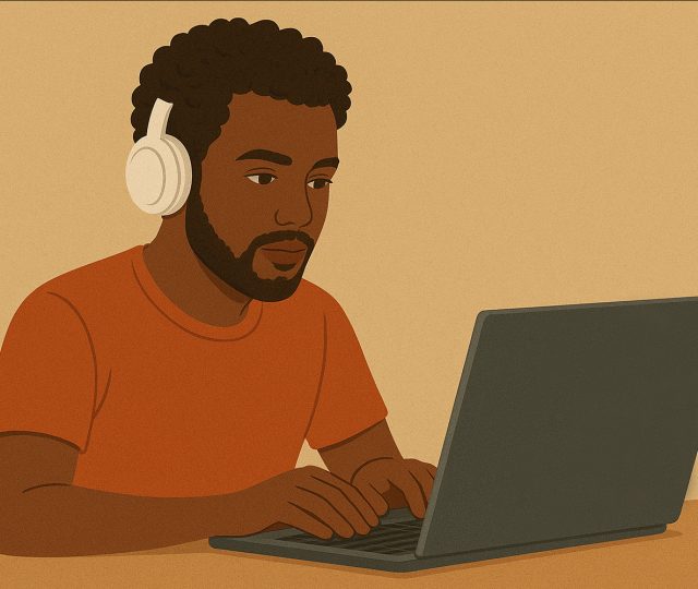 Imagem criada no ChatGPT de homem usando fone de ouvido enquanto mexe em seu notebook.