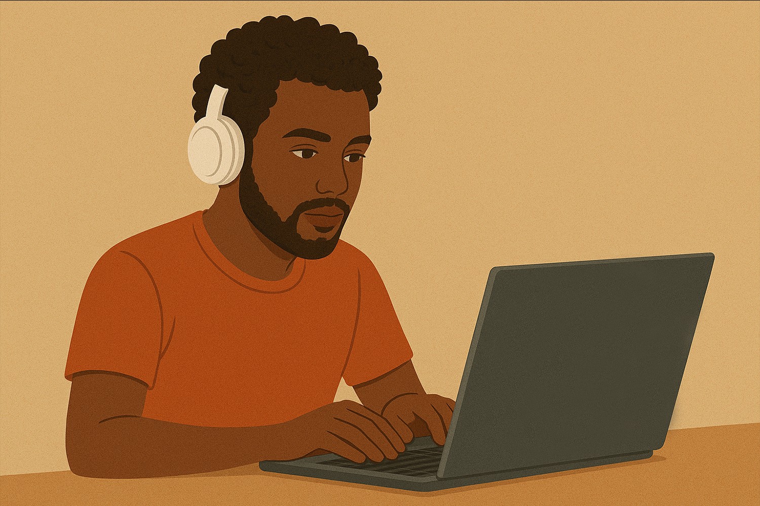 Imagem criada no ChatGPT de homem usando fone de ouvido enquanto mexe em seu notebook.