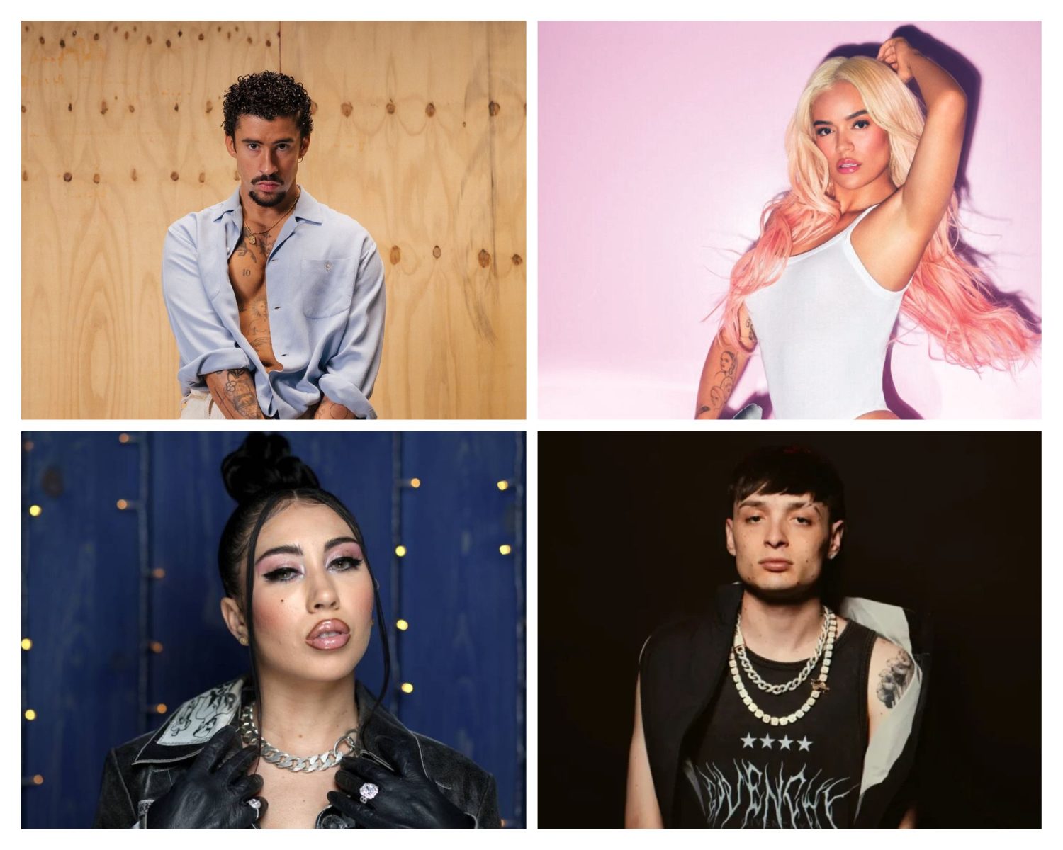Mosaico com Bad Bunny, Karol G, Kali Uchis e Peso Pluma